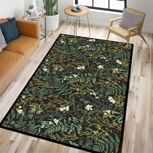 Black Green Area Rug 5x7 Living Room Rug,Botanical Print Throw Rugs Carpet for Dining Room Washable Bedroom Rug,Plant Leaf Printed Area Rugs Non Slip Floor Carpets for Office,Kids Playroom,Laundry