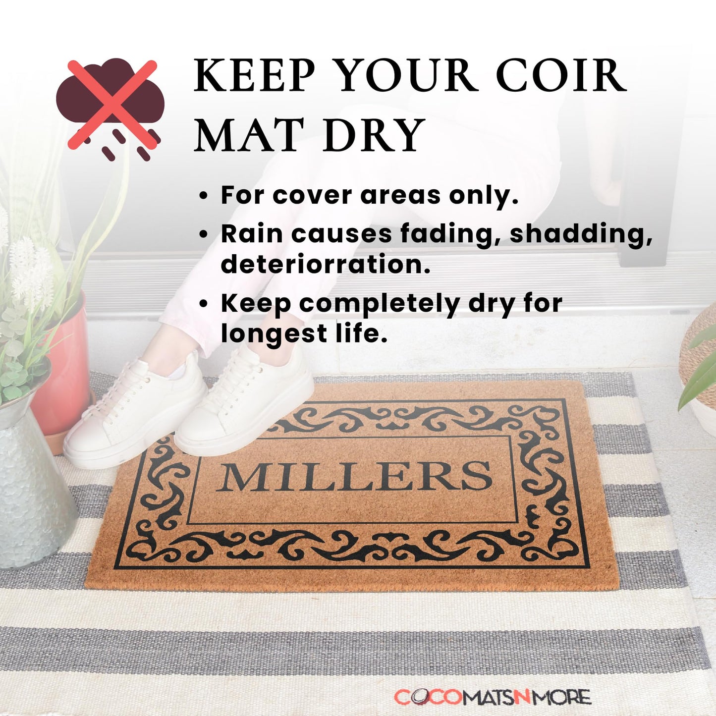COCO MATS 'N MORE Coco Coir Door Mat – Personalized Outdoor Welcome Mat, Front Porch Mat with Vinyl Backing & Heavy-Duty Dirt-Trapping Bristles, (18" x 30" | Black | Rolling Scrolls | Made in USA)