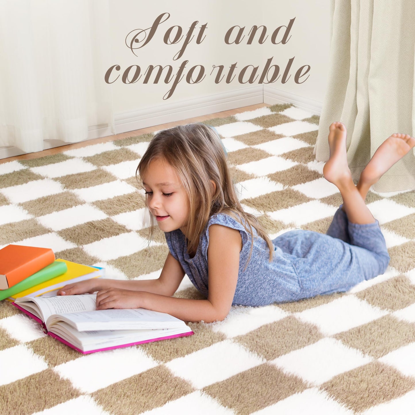 Super Soft Rug for Bedroom, 5x7 Ft Beige and White Area Rug Classic Checkered Shaggy Anti-Skid High Pile Soft Fluffy Rug Fuzzy Carpet for Living Room Bedroom Kids Room Nursery, Dorm Home Decor