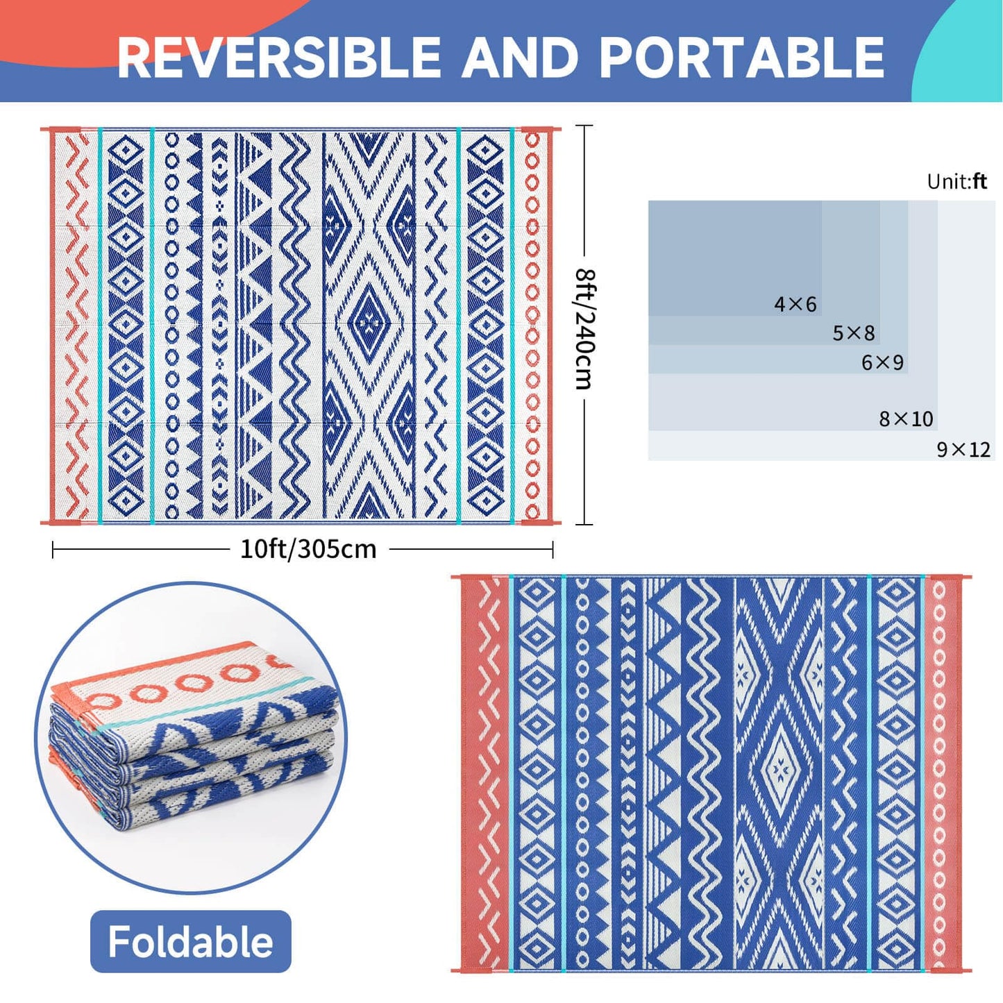 Outdoor Rugs Patio Camping Waterproof - 8x10 Plastic Straw Patio Rug Portable for Campers, Outside RVs Mat, Outdoor Area Carpet for Patios Clearance, Backyard Porch, Balcony, Picnic
