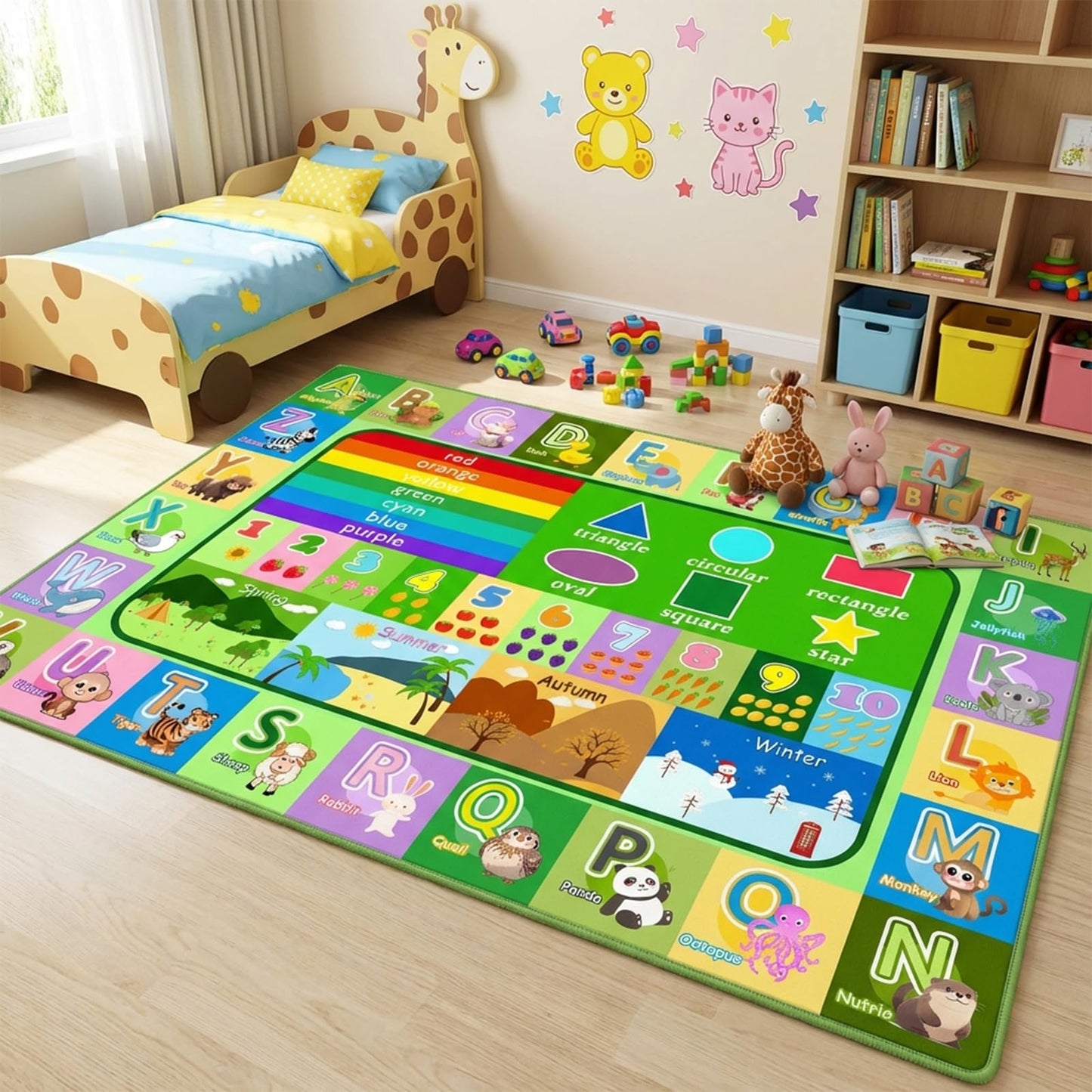 OGPJKEQR Kids Rug for Playroom Bedroom, 2.5x4 Feet Educational ABC Area Rug for Classroom Nursery, Non-Slip Alphabet Learning Carpet with Numbers Animals Seasons Fruits, Green Toddler Floor Mat