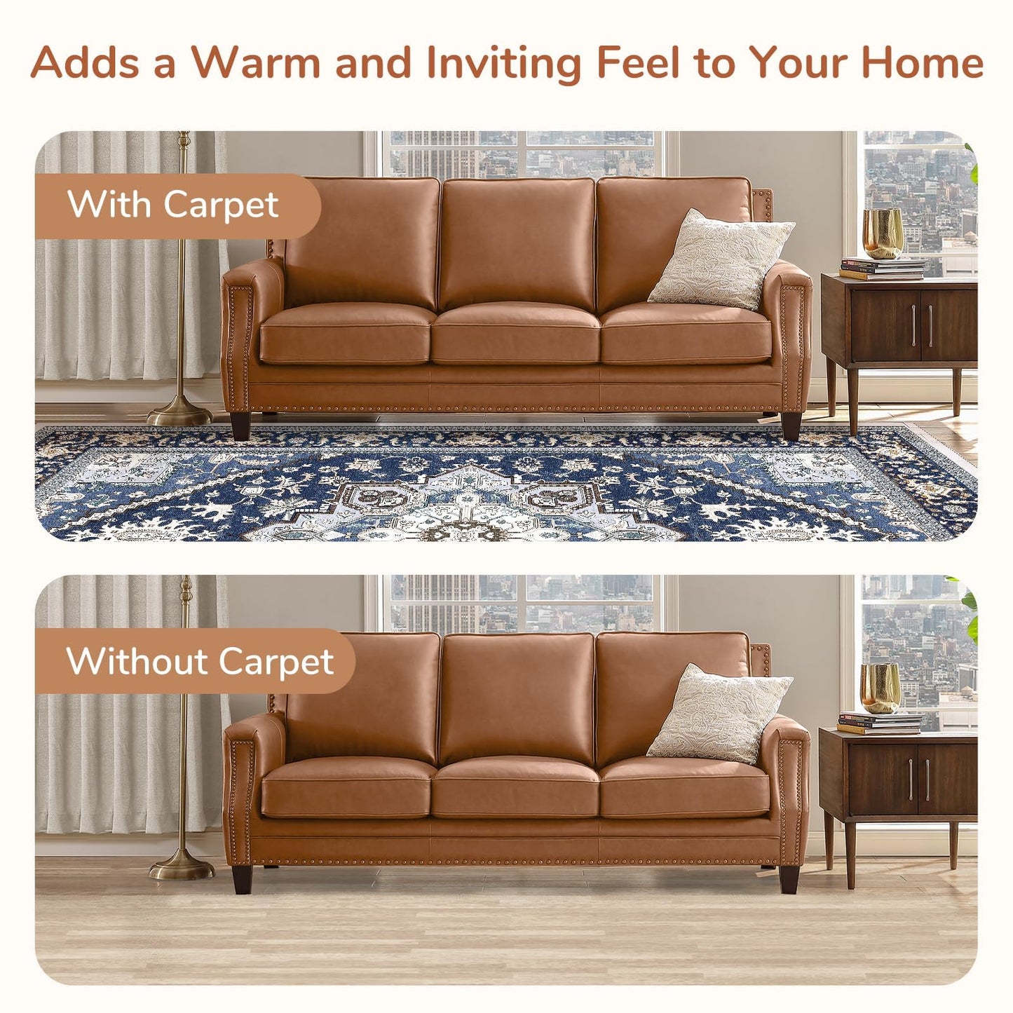 OPPODREAM Soft Area Rugs 9x12 Living Room, Washable Rugs 9x12 with Non Slip Backing, Faux Cashmere Low-Pile 9 x 12 Carpet, Navy Blue & Gold