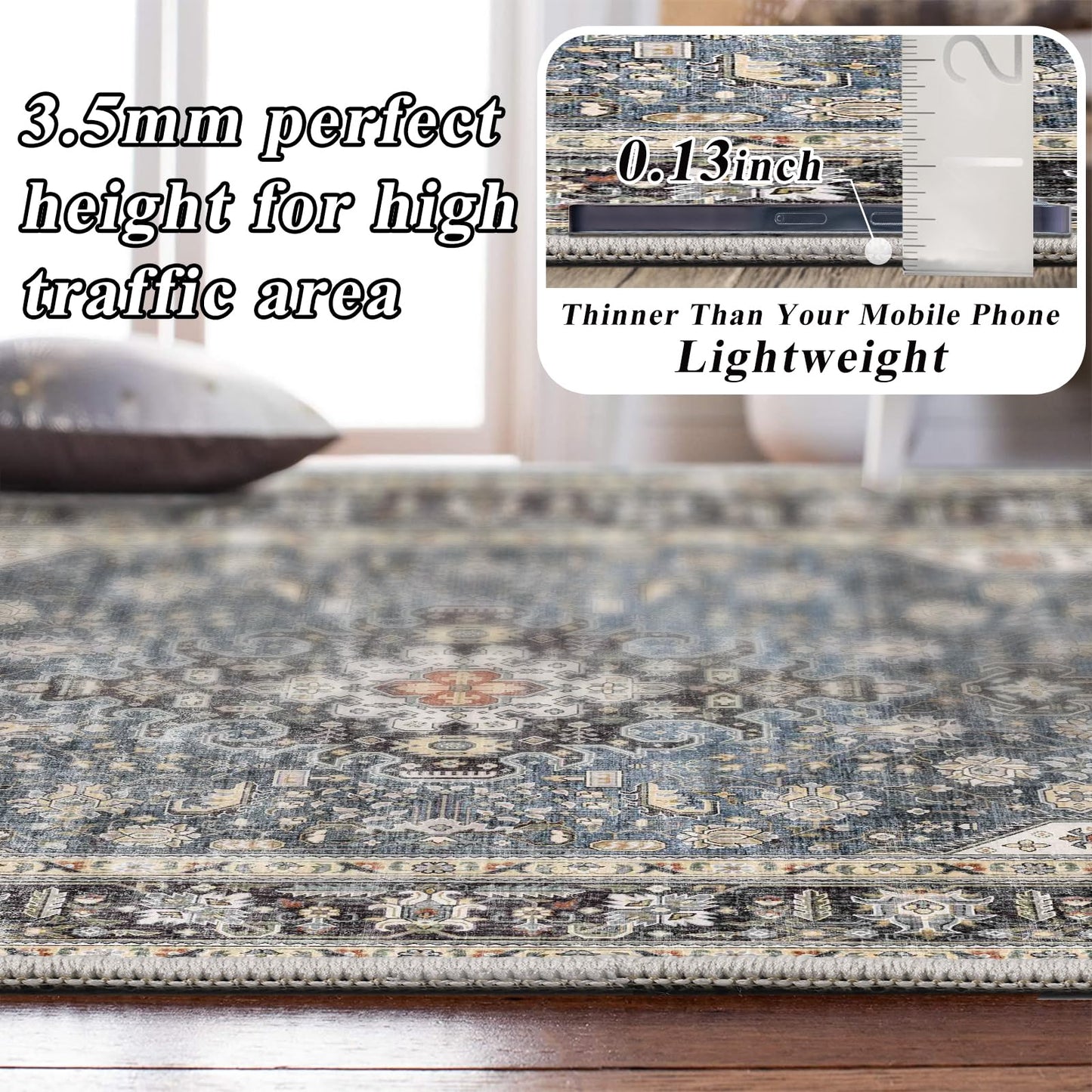 HILORUUG Living Room Area Rugs 10x14: Extra Large Area Rug Super Soft Distressed Oriental Rugs with Non-Slip Backing - Thin Stain Resistant Indoor Rug - 10x14 Navy Blue
