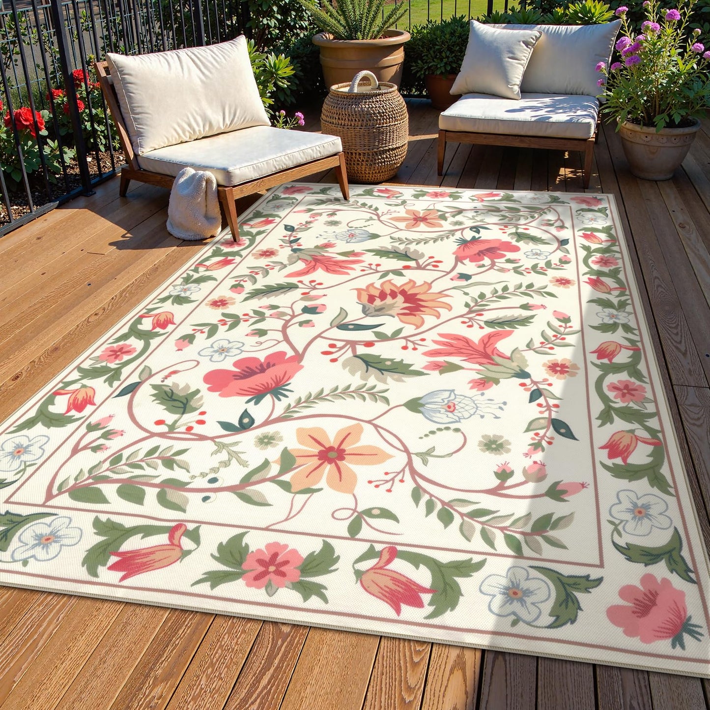 Uphome Indoor Outdoor Area Rug 6x9 ft, Large Floral Patio Rugs for RV Camping Outside, Washable Living Room Mat Non Slip, Breathable Floor Carpet for Bedroom Deck Porch Backyard, Beige