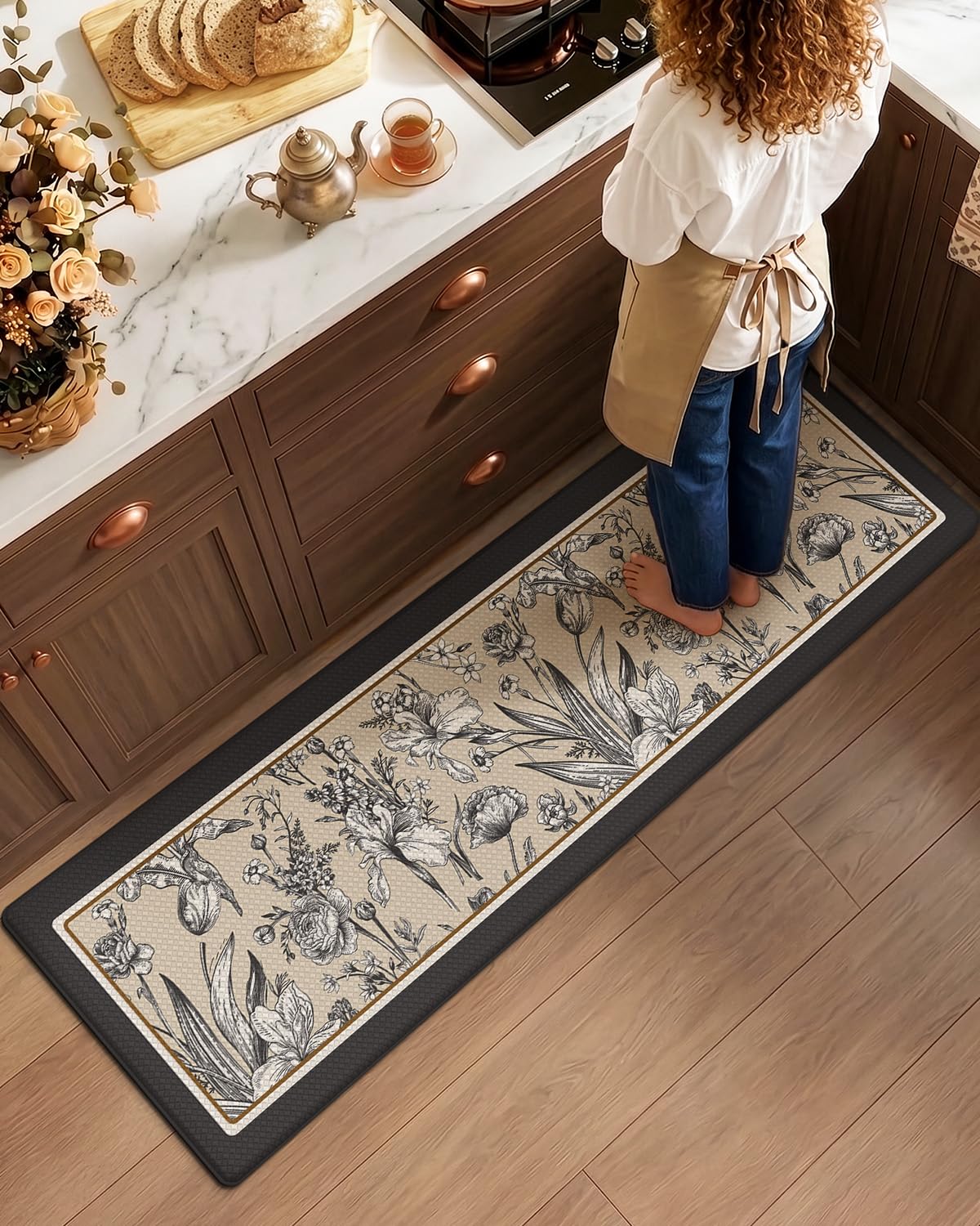 LUMI Kitchen Floor Mats Cushioned Anti Fatigue, 24" x 59" Long Standing Comfort Runner Rug, Memory Foam Padded Mat, Waterproof Rubber Memory Foam Padded for Front Sink Laundry, Cream Black