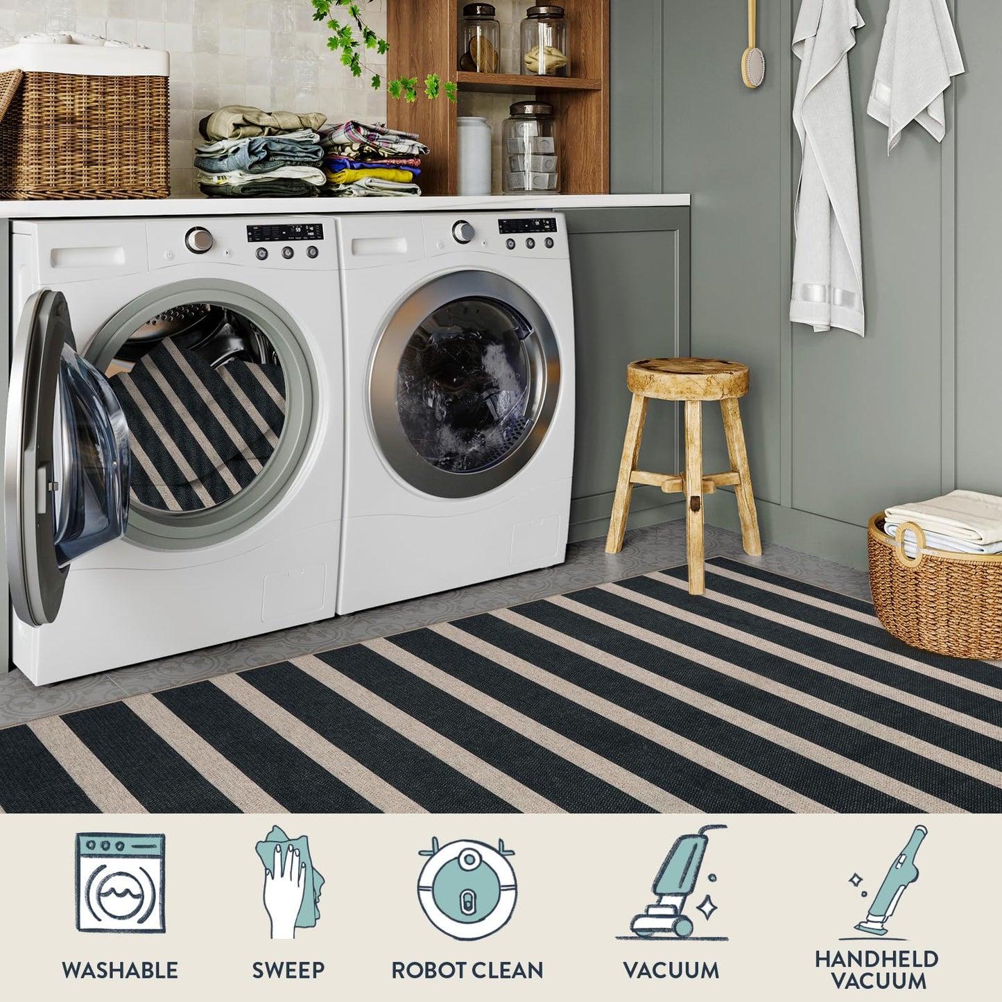 Lahome Elance Striped Easy Jute Runner Rug, 2x8 Kitchen Rug Non Slip Washable Outdoor Runner for Entryway Indoor, Farmhouse Black Indoor Outdoor Carpet for Hallway 8ft Entry