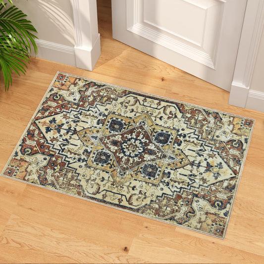 Vintage Rugs for Entryway, 1.6x2.6 Washable Low Pile Rug, Small Front Door Non-Slip Area Rug for Kitchen, Throw Rugs with Rubber Backing, Soft Boho Indoor Entrance Bedroom Entry Carpet mat