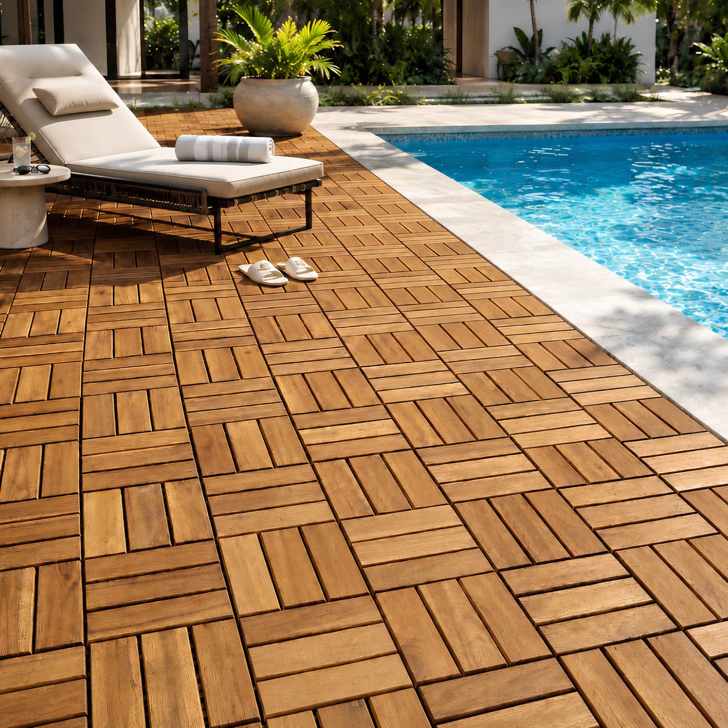 THYOI Premium Deck Tiles, Patio Flooring - Set 10 Pcs 12”x12”x0.9” Interlocking Deck Tiles, Waterproof Acacia Wood for Balcony, Backyard, Indoor & Outdoor (Golden Teak, Crossed Pattern, Square Joints)