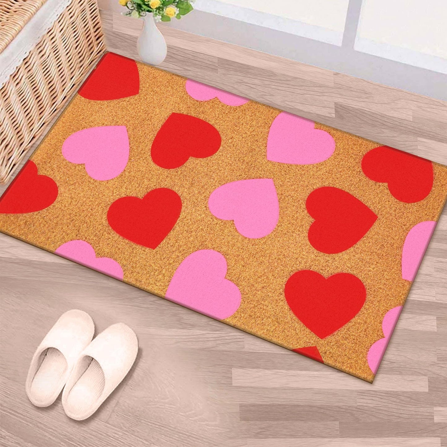 Tinideya Valentine's Day Door Mat Coir Doormat Valentine's Day Rug Front Mat Red Pink Heart Rectangle Entrance Door Rug for Indoor with Non-Slip Bottom Lining for Family Anniversary 16 x 28 Inches