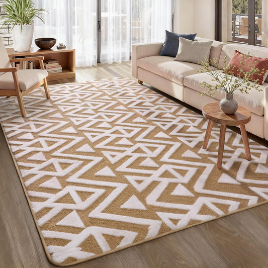 Ompaa Ultra Soft Shaggy Rugs Memory Foam Bedroom Carpet, Beige 7 x 10 Feet Large, Plush Geometric Textured Area Rugs for Living Room Couch Dorm Bedside Kids Girls Teens Room Nursery Decor Floor Mat