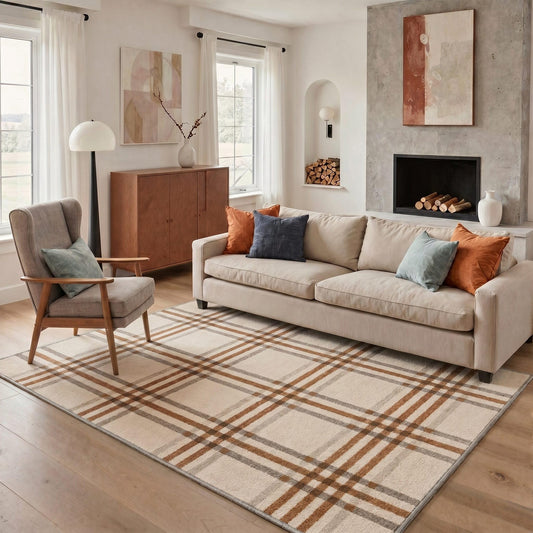 Bavni 5X7 Area Rugs, Minimalist Plaid Low Pile Non Slip Machine Washable Stain Resistant Indoor Rug for Living Room Bedroom Dining Room Home Office, Caramel Beige