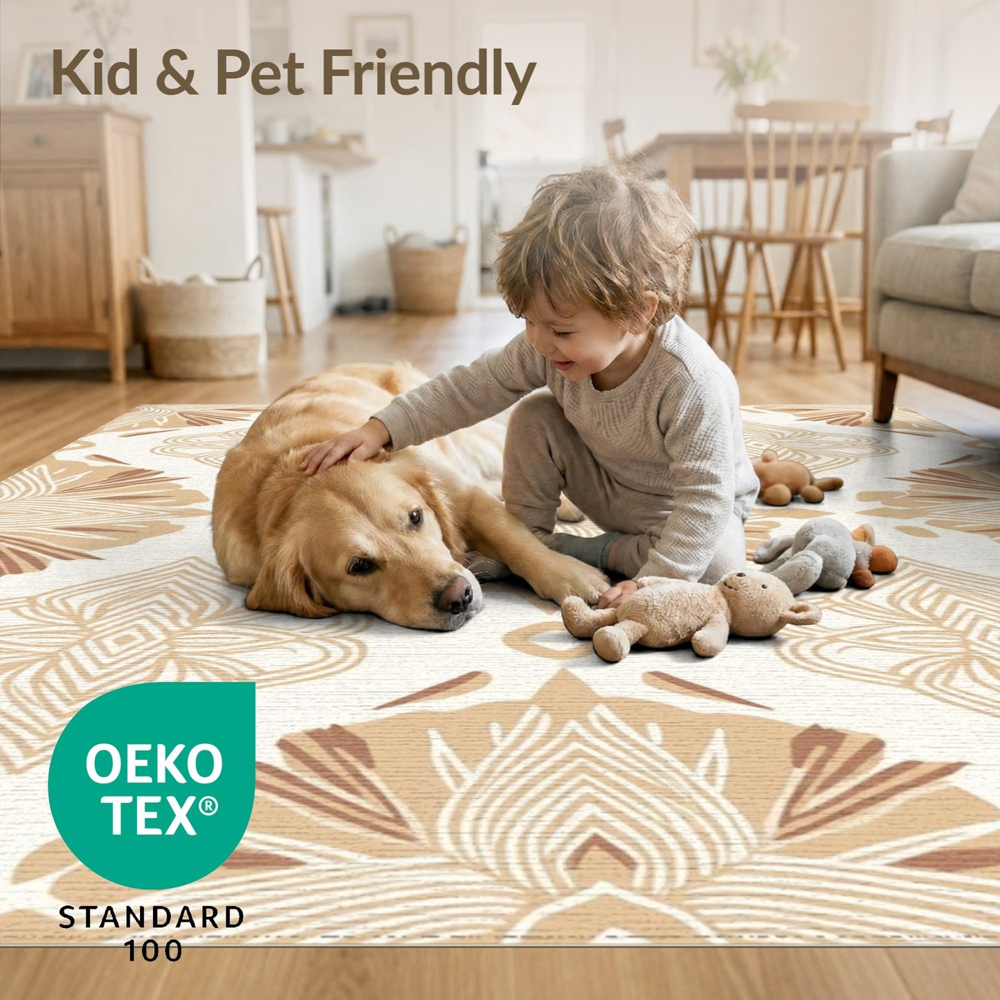 ODIKA 8'x10' Neutral Boho Contemporary Irregular Shape Balanced Palette Ivory Washable Area Rug for Dining Room, Large Office, Lounge, Non-Slip Chair-Friendly