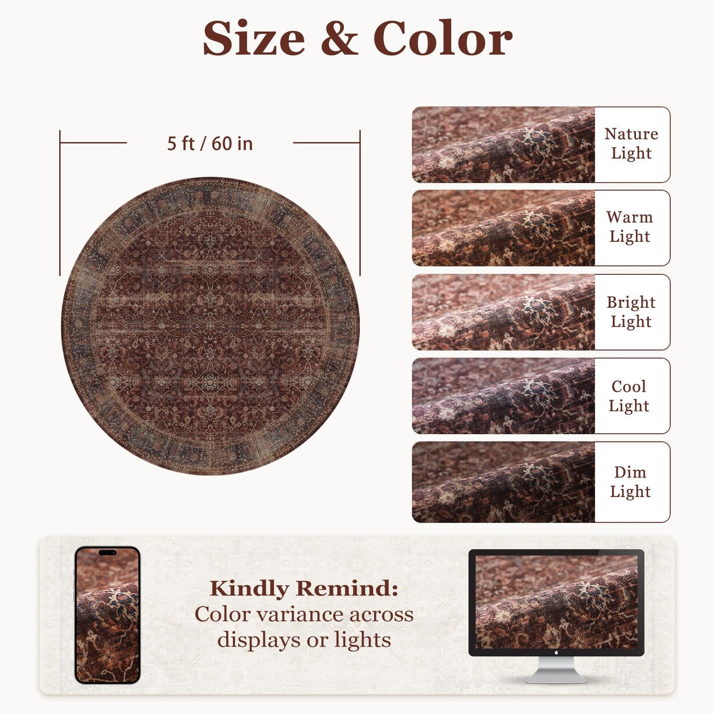Jainmy Brick Red 5ft Round Washable Rug, Moody Vintage Farmhouse Rustic 5 Feet Circle Rug for Living Room, Low Pile Thin Non Slip 5x5 Round Circular Carpet for Dining Room/Bedroom/Entryway/Foyer