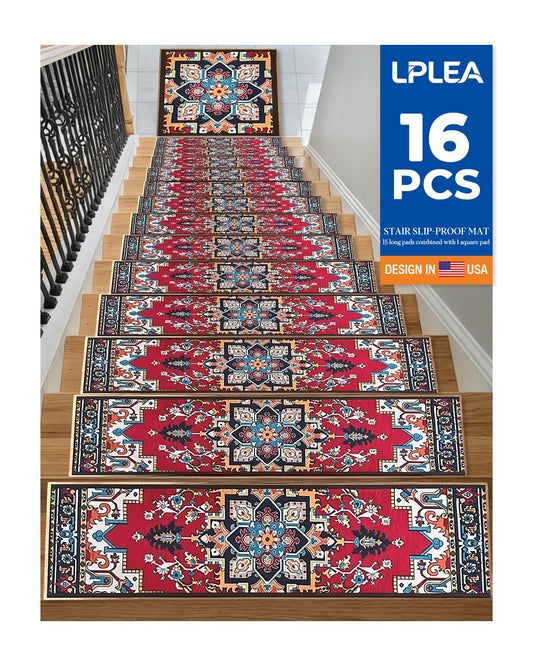 Non-Slip Stair Tread Set for Wood Steps: 16PCS - 15PCS 8"X 30" + 1PCS 30"X 30" Washable Stain Resistant Stair Carpet, Indoor Safety Stair Mat for Elderly, Dogs & Pets