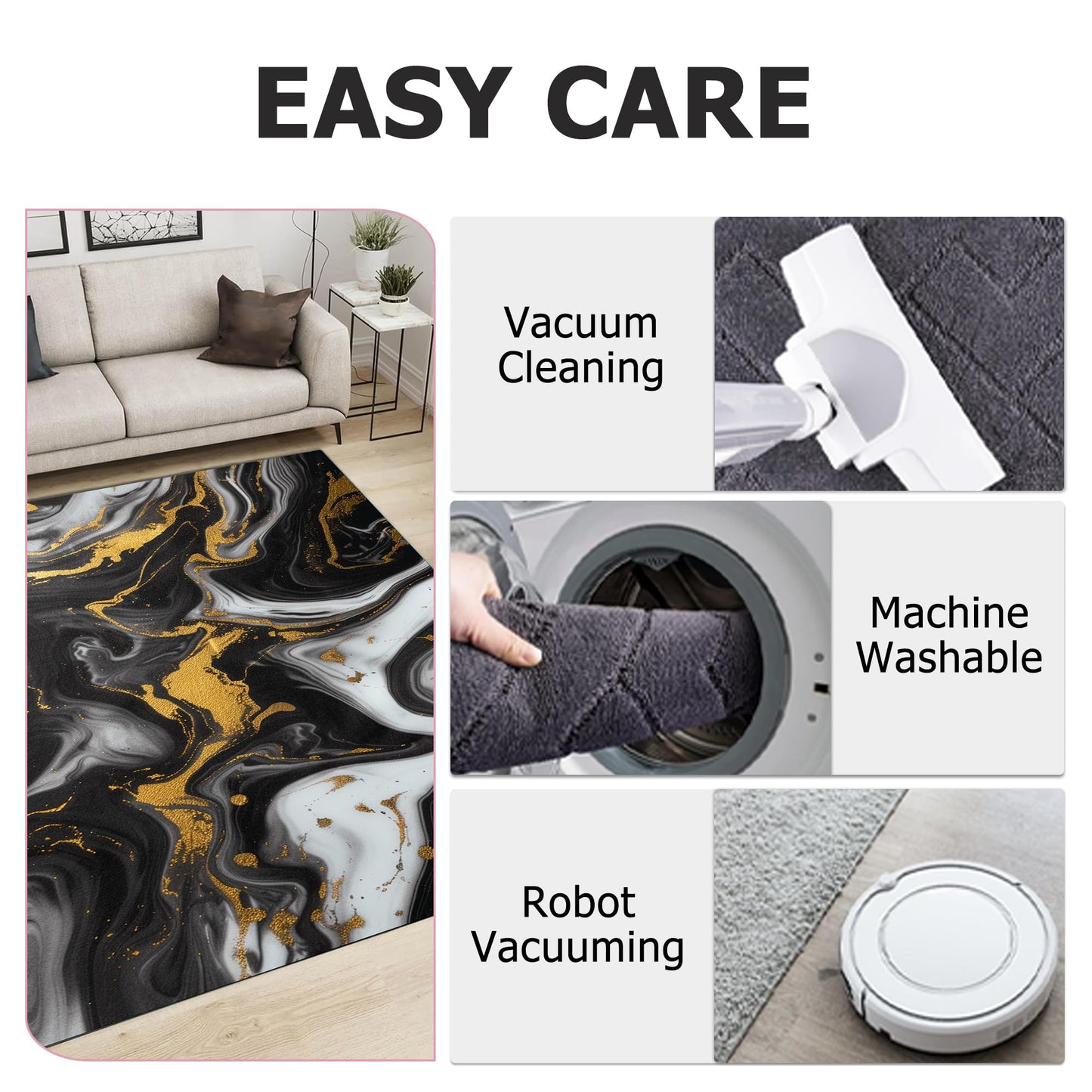 EDGZKO Black and Gold Area Rug: 6x9 Feet Abstract Black Marble Rugs for Living Room Washable Non Slip Floor Carpet Aesthetic Doormat for Dining Room Bedroom Kitchen Dorm Office