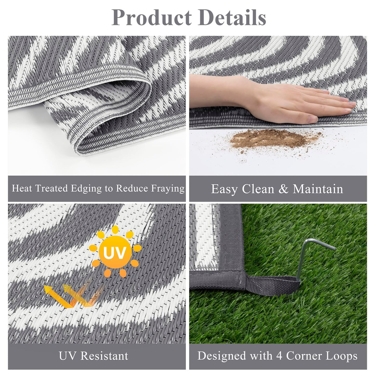 Vaukki Outdoor Patio Rug 5x8, Waterproof Woven Plastic Straw Camping Area Mat, Grey RV Striped Outside Reversible Carpet Clearance for Porch Backyard Deck Balcony