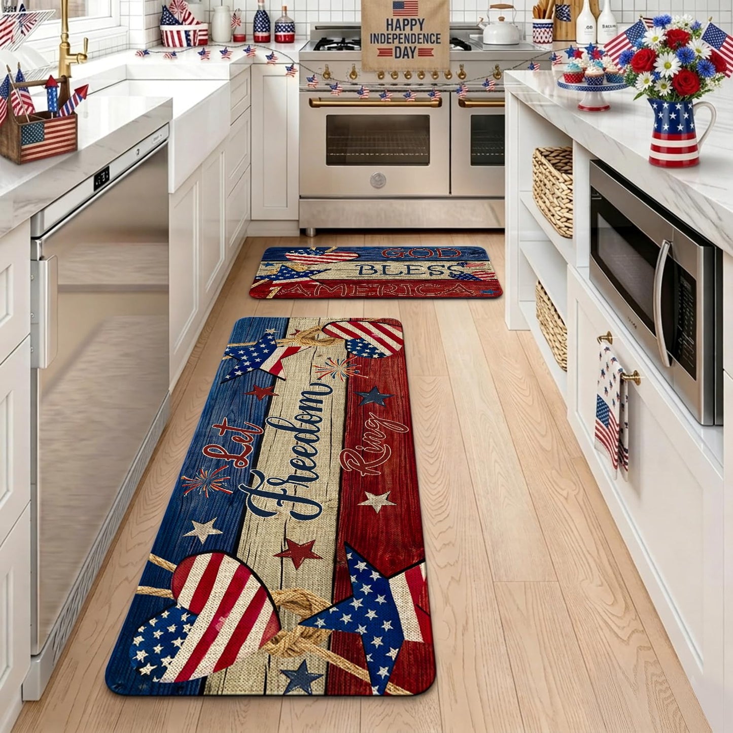 Nmxomug 4th of July Kitchen Rugs Set, Independence Day Kitchen Mats for Floor, 250th Anniversary Kitchen Decor, Holiday Decorations for Home, 17x30 Inch Door Mat + 17x47 Inch Runner Rug