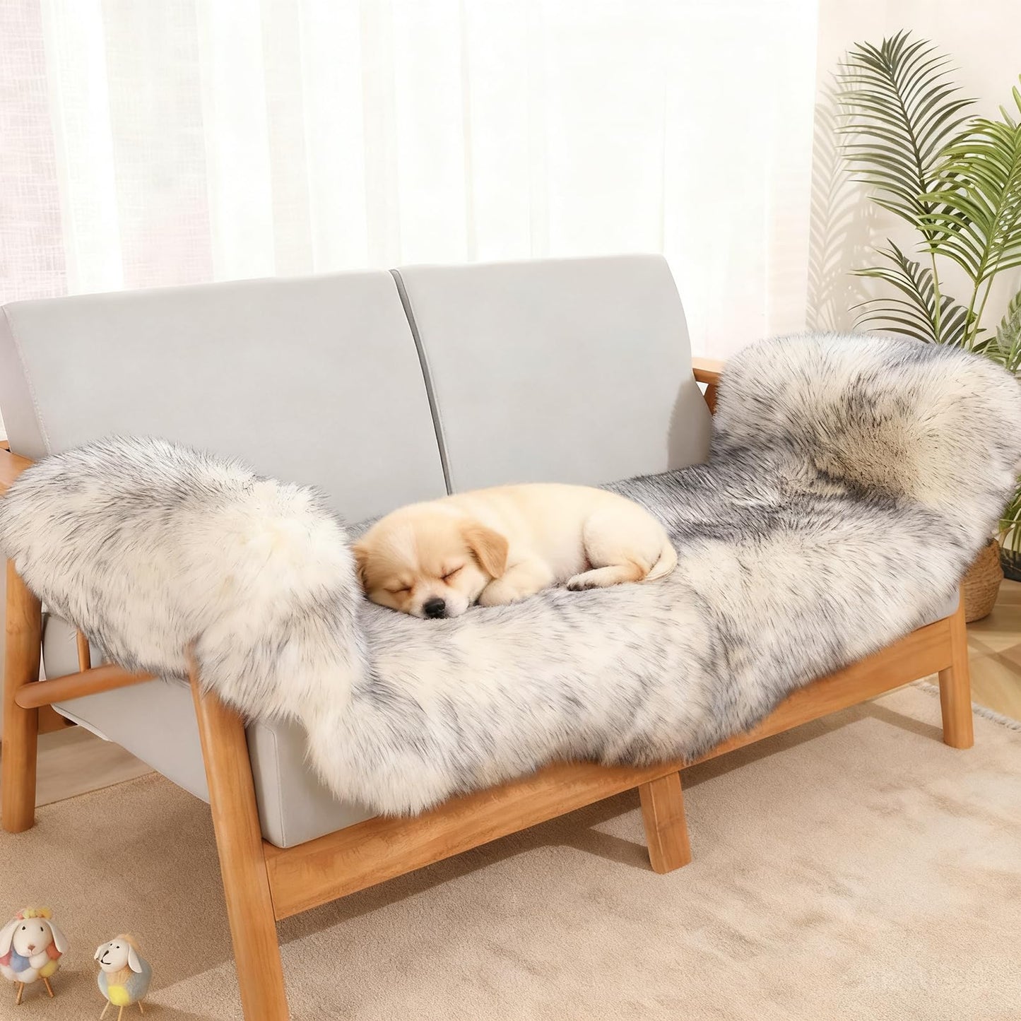 Genuine Sheepskin Rug with Little Patches-Real Wool Throw Carpet Pad for Bedroom Floor Living Room Sofa Fur(Wolf Tipped, 2FT×6FT Patchwork)