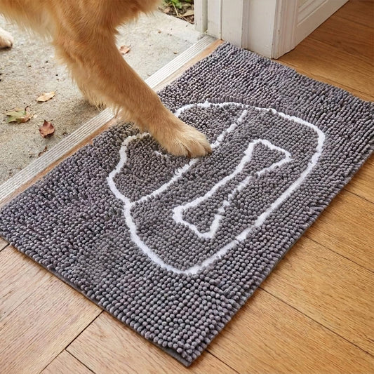 Muddy Mat® Pet Bowl Dog Door Embroidery Mat Super Absorbent Microfiber Indoor Outdoor mat for Muddy Paws, Non-Slip Washable Pet Rug, Quick Dry Chenille Entryway Carpet, Machine Washable – Grey 19”x30”