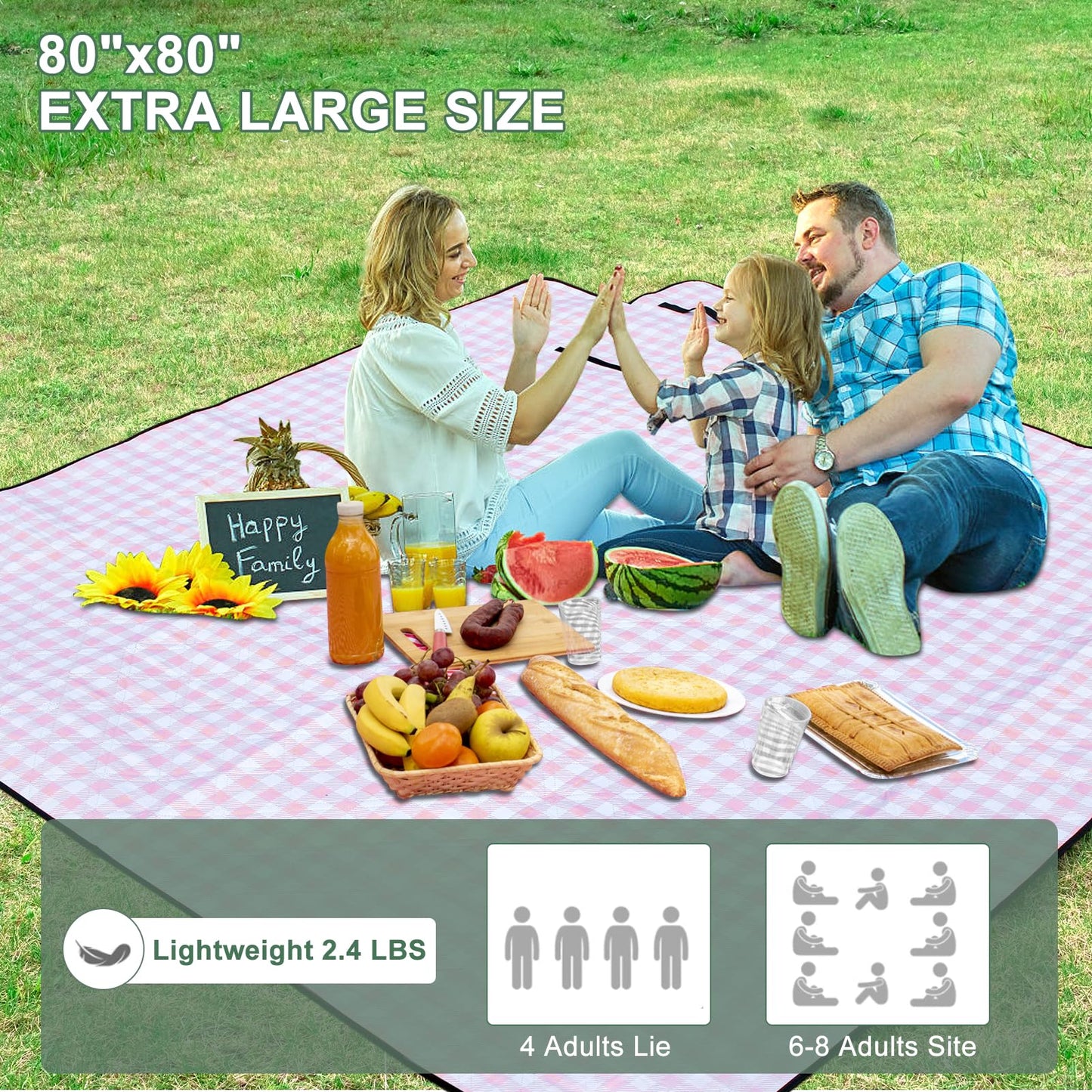 Picnic Blankets Outdoor Blanket Waterproof, 80''x80'' Extra Large Beach Blanket Sandproof Foldable Machine Washable, Vintage Gingham Picnic Mat Grass Lawn Park Family Camping Party Music Festival