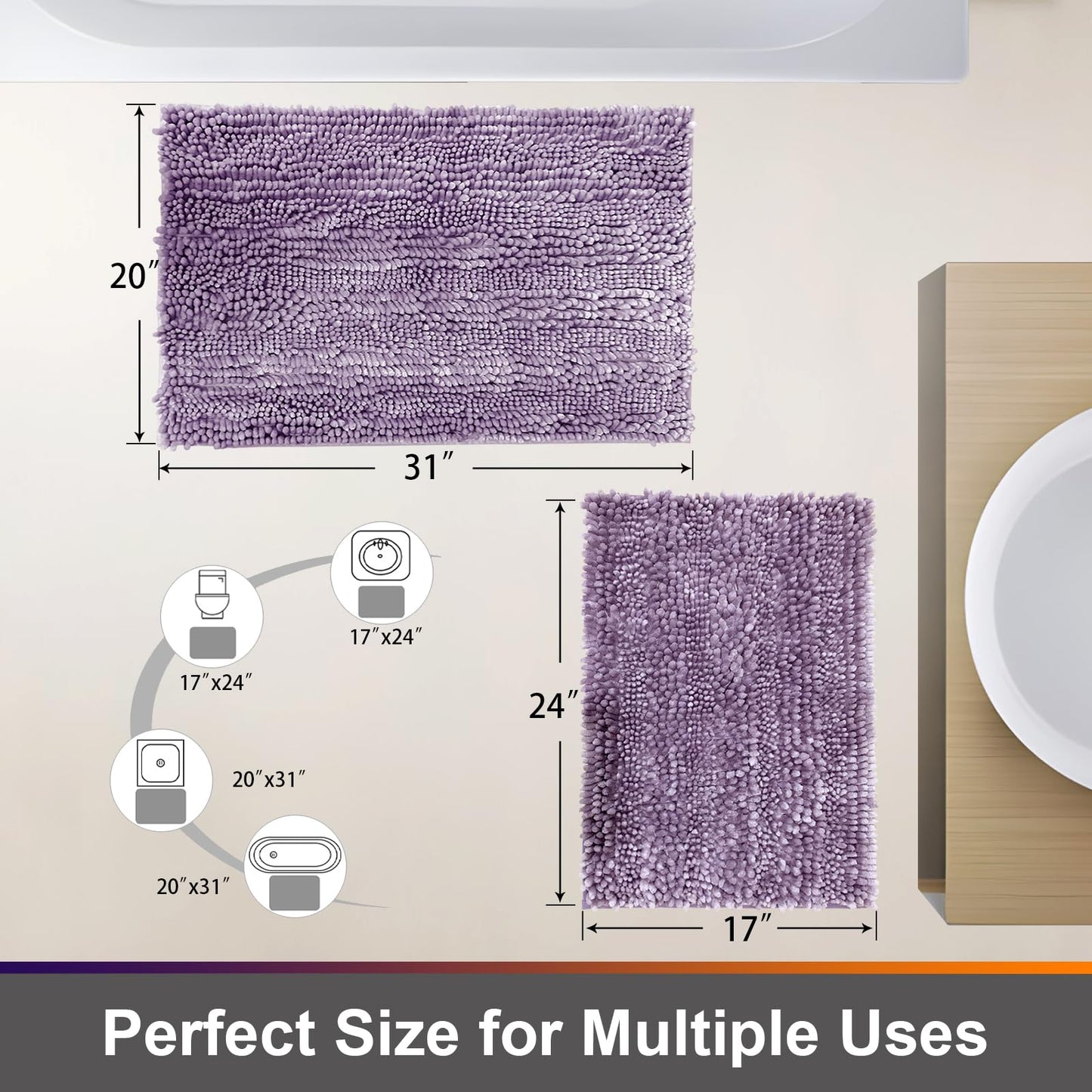 Civkor Bathroom Rugs Set 2 Pieces Light Purple Butter Chenille, Shiny Noodle Bath Mat Rug Set with Non Slip Backing, Super Water Absorbent Machine Washable 31x20 and 24x16 Inch, Lavender