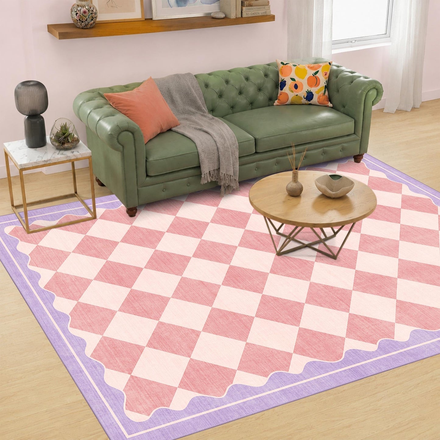 OHWPEAT Pink Purple Checkered Washable 5x7 Area Rug for Living Room, Non Slip Low Pile Cute Rug for Nursery, Soft Indoor Carpet for Bedroom, Kids Nursery, Classroom, Playroom, Kitchen, Dining, Dorm