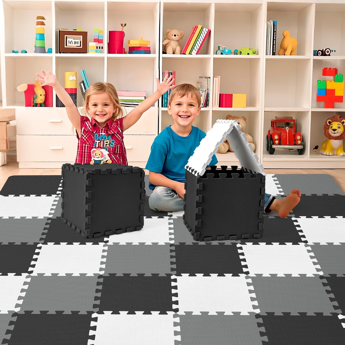 36Pcs Baby Play Mat for Floor, Foam Floor Tiles for Kids with Interlocking, Squares Foam Puzzle Carpet for Playroom,Crawling Rug for Babies 6-12 Months,Toddlers,11.8*11.8*0.6In Each (Gray-black-white)