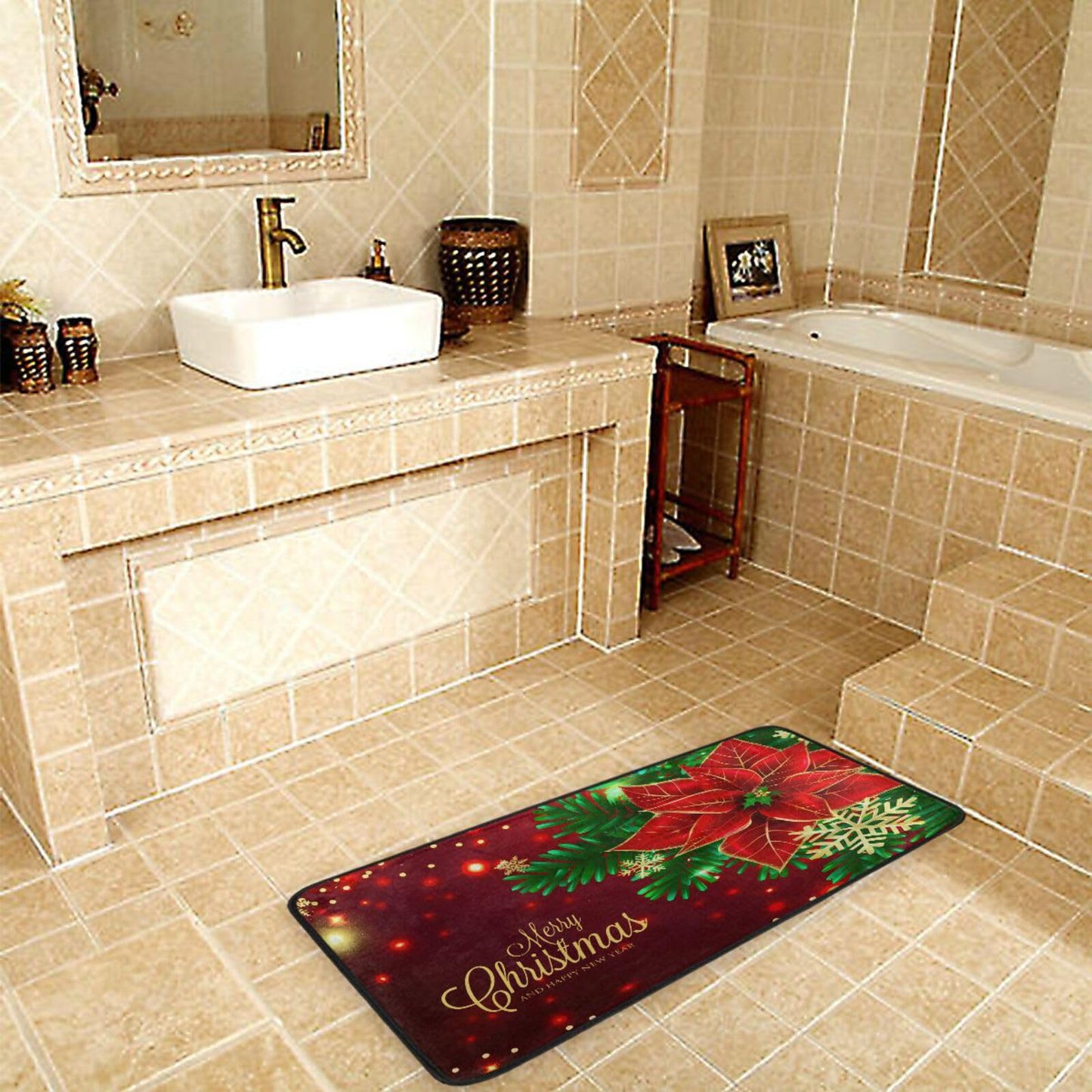 ALAZA Christmas Poinsettia and Snowflakes Kitchen Rugs Non Slip Soft Kitchen Floor Mats Standing Mat Bath Rug Runner Doormats Carpet for Home Decor 39 X 20 inch
