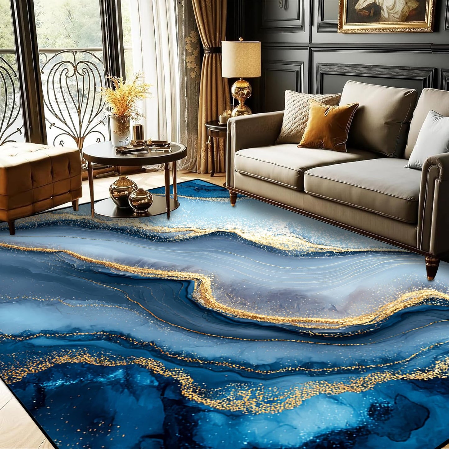 kxry Marble Pattern Area Rug in Blue Gold 4x6 for Bedroom Living Room Dining Room Non Slip Washable Low Pile Rug for Entryway Kitchen Doormat Indoor Floor