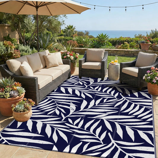 Smiry Outdoor Rug 5x8 ft, Waterproof Reversible Plastic Straw Rugs, Outdoor Area Rug with Leaf Pattern, Outside Floor Mat for Patio, Backyard, Deck, Picnic, Beach, Camping, Navy & White