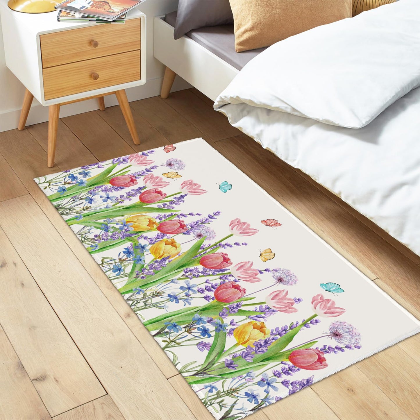 Cryomitron Spring Summer Tulip Outdoor Rug 2x3 Pink Tulip Flowers Lavender Dandelion Door Mat Indoor Entrance Non Slip Soft Low Pile Washable Throw Rugs for Living Room Bedroom Holiday Decor