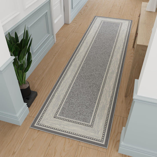 Ottomanson Hallway Runner Rug 2'7" x 9'6" – Non Slip Rubber Backed Carpet Runner for Hallways, Entryway, Living Room, Long Low Pile Indoor Floor Runner Rug, Border Light Gray
