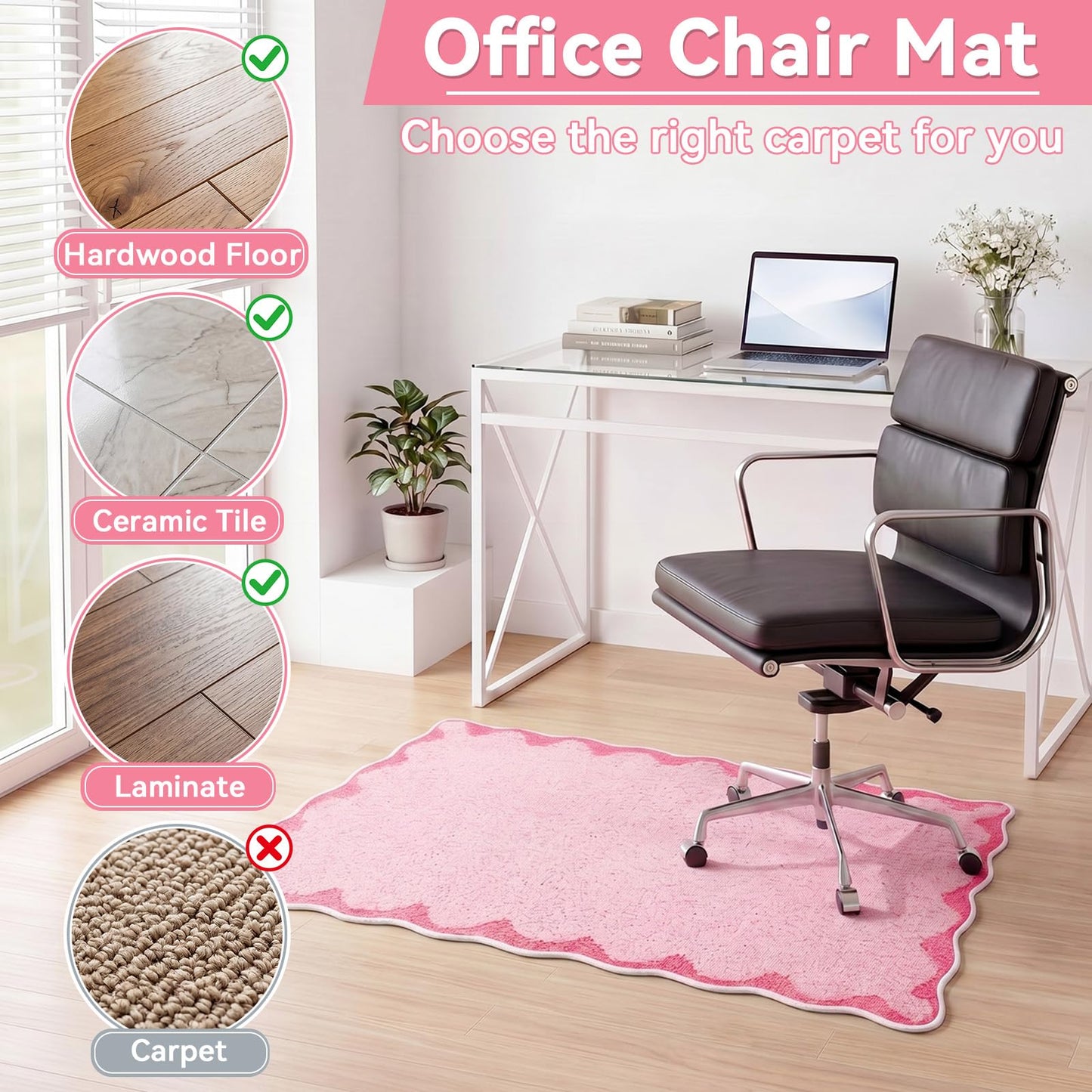 Breling Office Chair Mat for Hardwood Floor & Tile Floor, 36" x 48" Large Anti-Slip Floors Protector, Under Desk Gaming Rug for Rolling Computer Chair for Office Home(Scallop Edge,Pink)