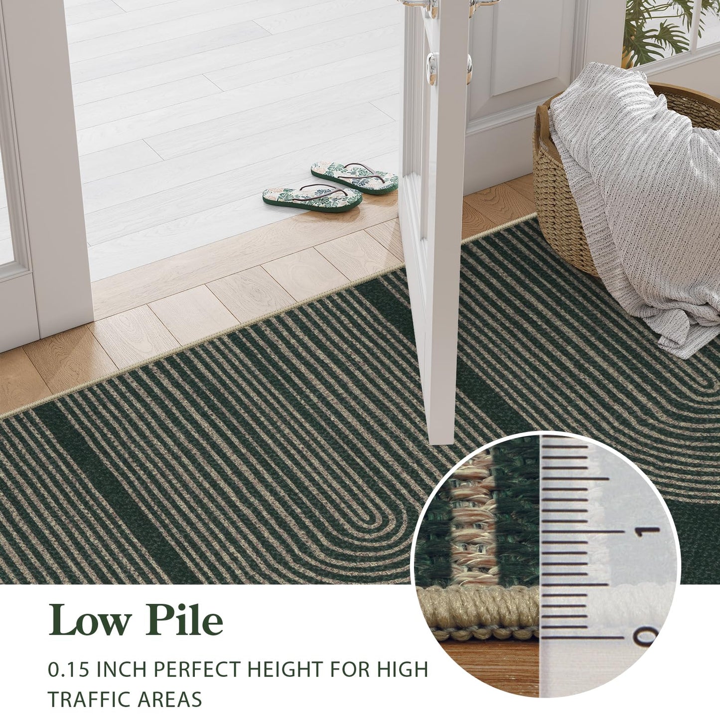 LIVEBOX Modern Rainbow Easy Jute Rug, 5x7 Washable Area Rugs for Living Room Patio Farmhouse Indoor Outdoor Rug, Non Slip Neutral Floor Carpet for Office Backyard (5'x7', Green)