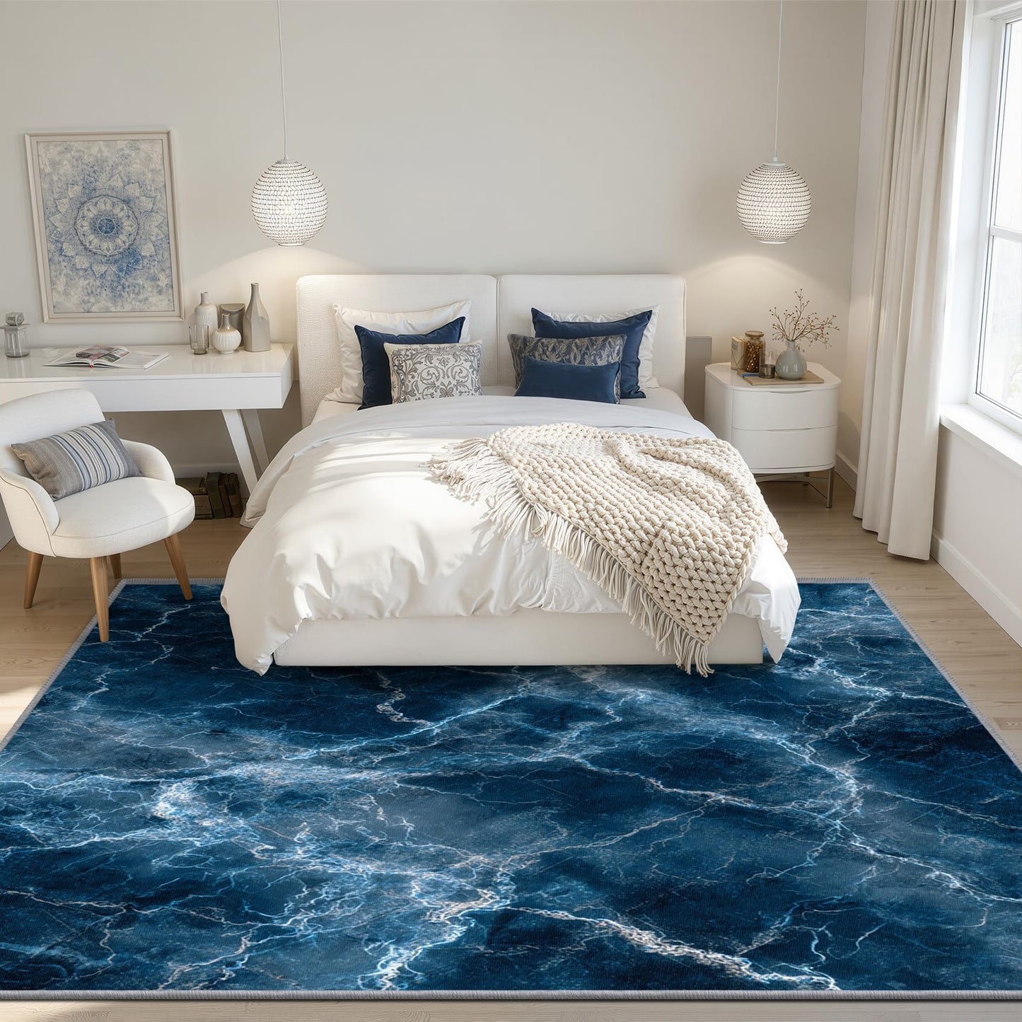 Aquailis Marble Rugs for Bedroom - Blue Marble Rug, 3x4 Rug, Modern Abstract Area Rug, Abstract Luxury Washable Non Slip Rugs, Contemporary Carpet - Home Decor, Modern Gifts for Men