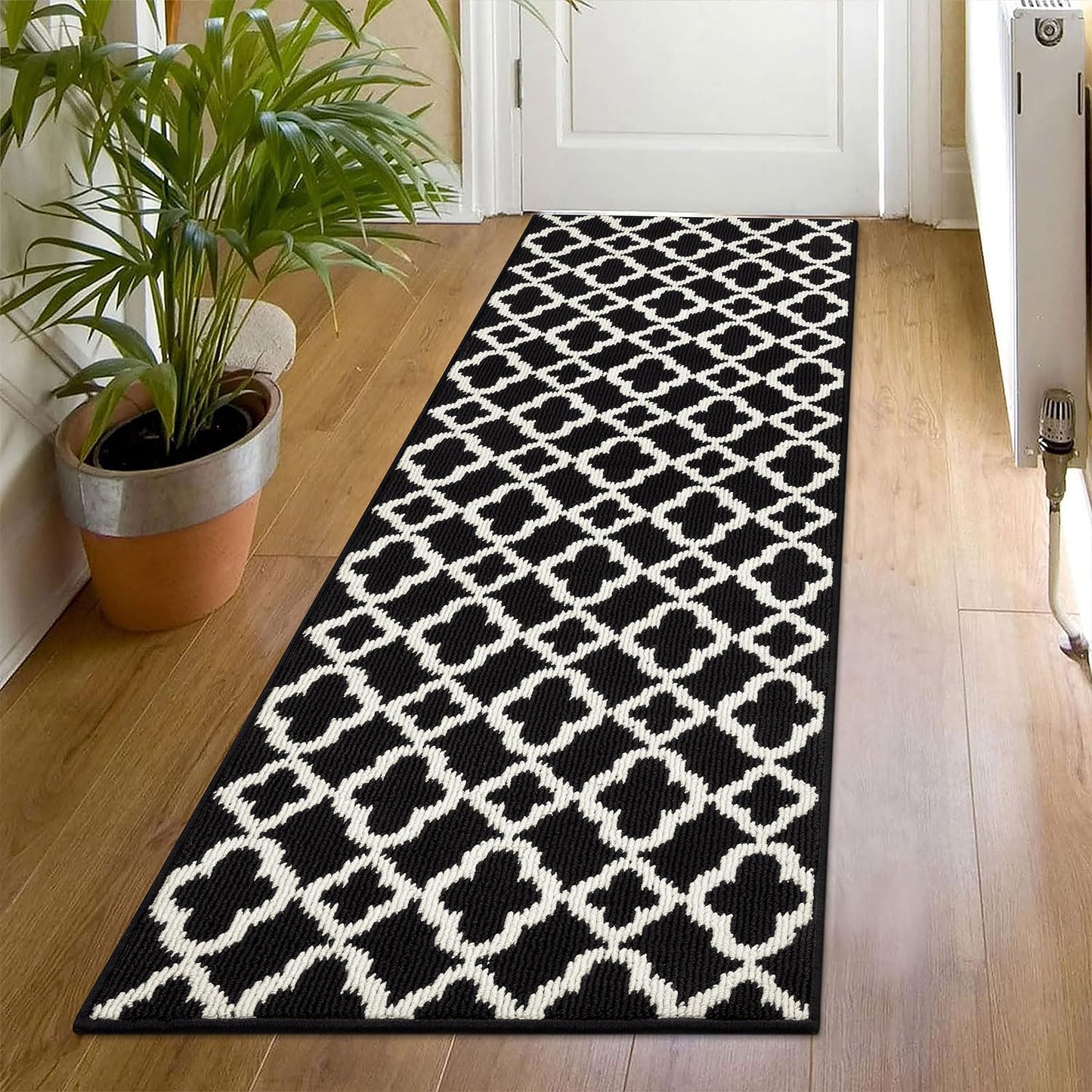 U'Artlines Washable Hallway Runner Rug 2x6', Non-Slip Basketweave Modern Geometric Kitchen Runner, Low Profile Entryway Rug for Indoor, Laundry Room & Bathroom Black and White