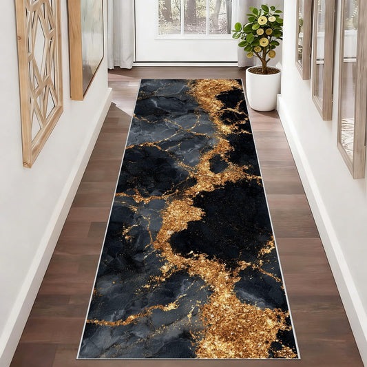 Marble Runner Rug, Black and Gold Runner Rug, 3x10ft Marble Runners for Hallways Non Slip, Soft Washable Floor Runners for Entryway Kitchen Indoor Hallway Rugs Low Profile #K259