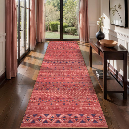 SERISSA Hallway Runner Rug, 2x10 Washable Non-Slip Red Ochre Runners for Hallways, Soft Low-Pile Boho Geometric Indoor Long Carpet for Kitchen Entryway Laundry Bedroom Bathroom