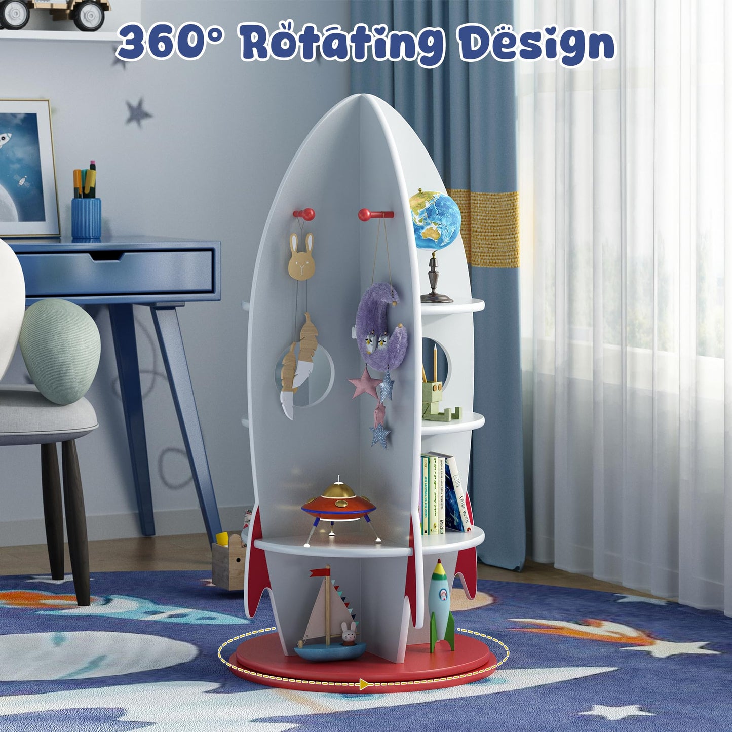 BVIUNTWO Kids Rocket Bookshelf, 360 Rotating Toy Storage Organizer, Multi-Tier Children's Bookcase with Hooks for Playroom & Nursery, Space-Themed Corner Display Shelf for Toddlers, Boys & Girls