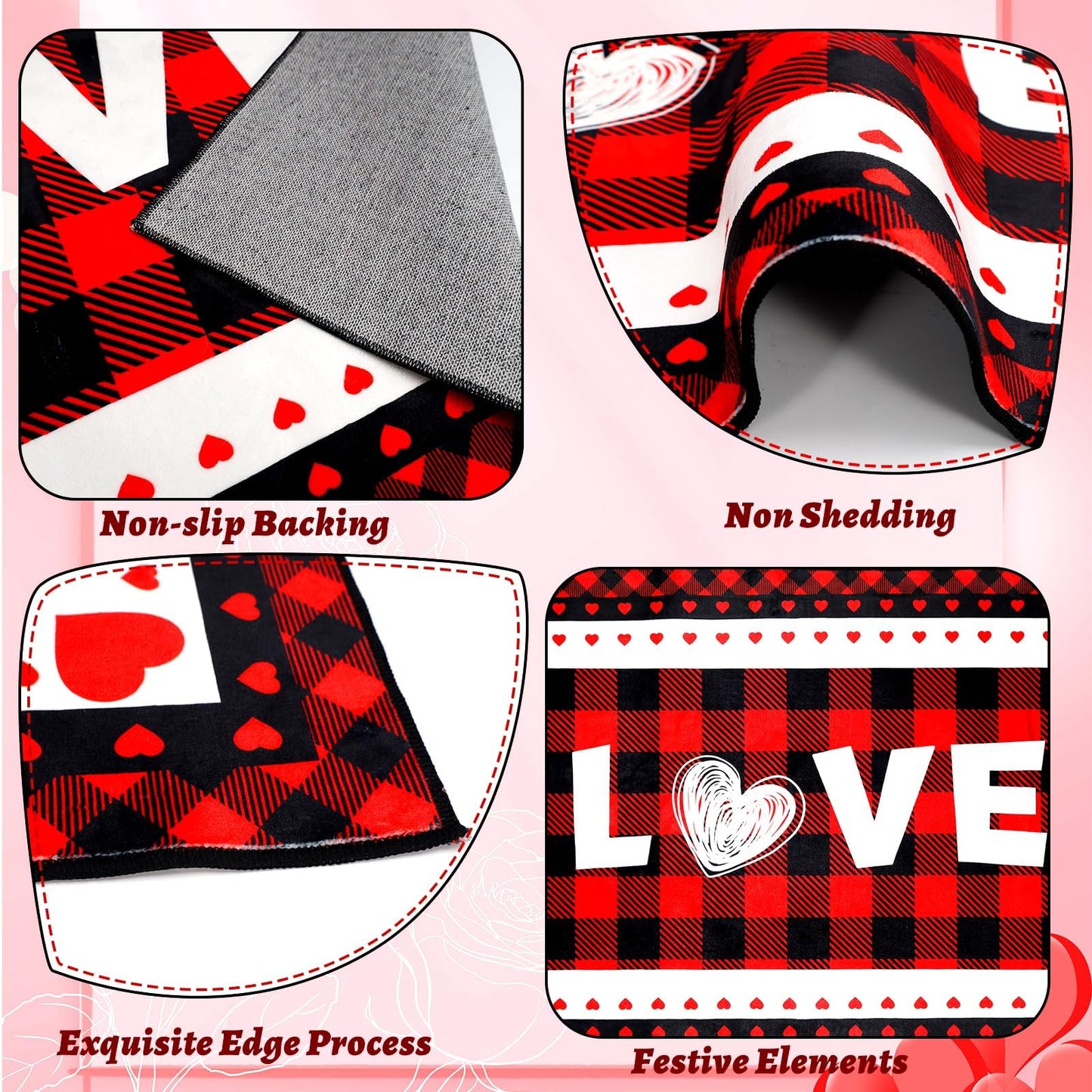 Svepndic Valentine's Day Mat 32"x48" Non Slip Holiday Floor Mat,Welcome Doormat Red Front Door Rug,Washable Entrance Door Mats Low Profile Buffalo Plaid Rug Love Heart Decorative Doormat