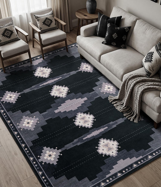 5'x7' Washable Area Rug for Living Room, Black and Grey Western Aztec Rug