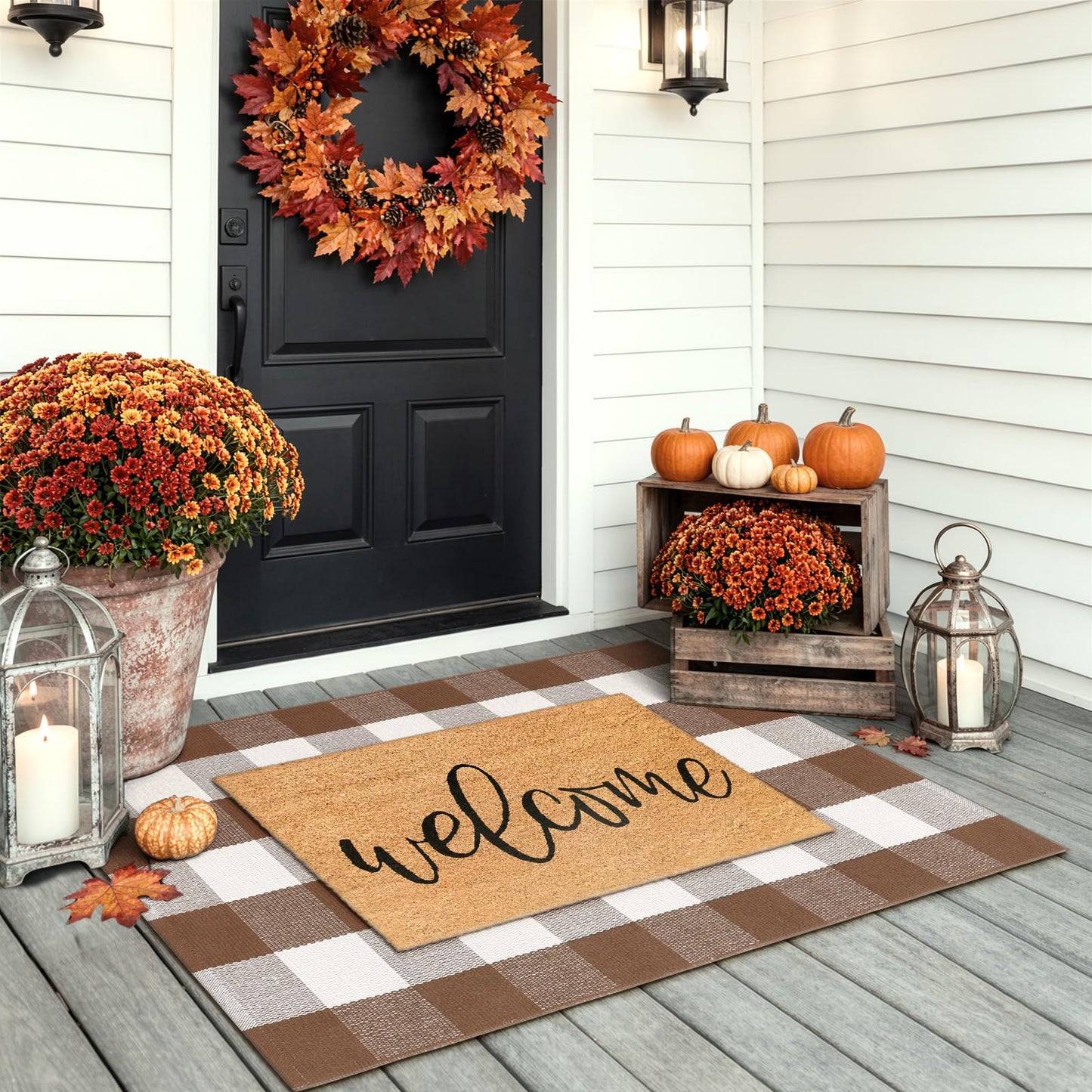 LEEVAN Buffalo Plaid Outdoor Rug, Earthy Tones Washable Checkered Front Porch Rug, 27.5x43 Inch Brown and White Cotton Woven Farmhouse Decor Layered Door Mats for Entryway/Kitchen/Bedroom
