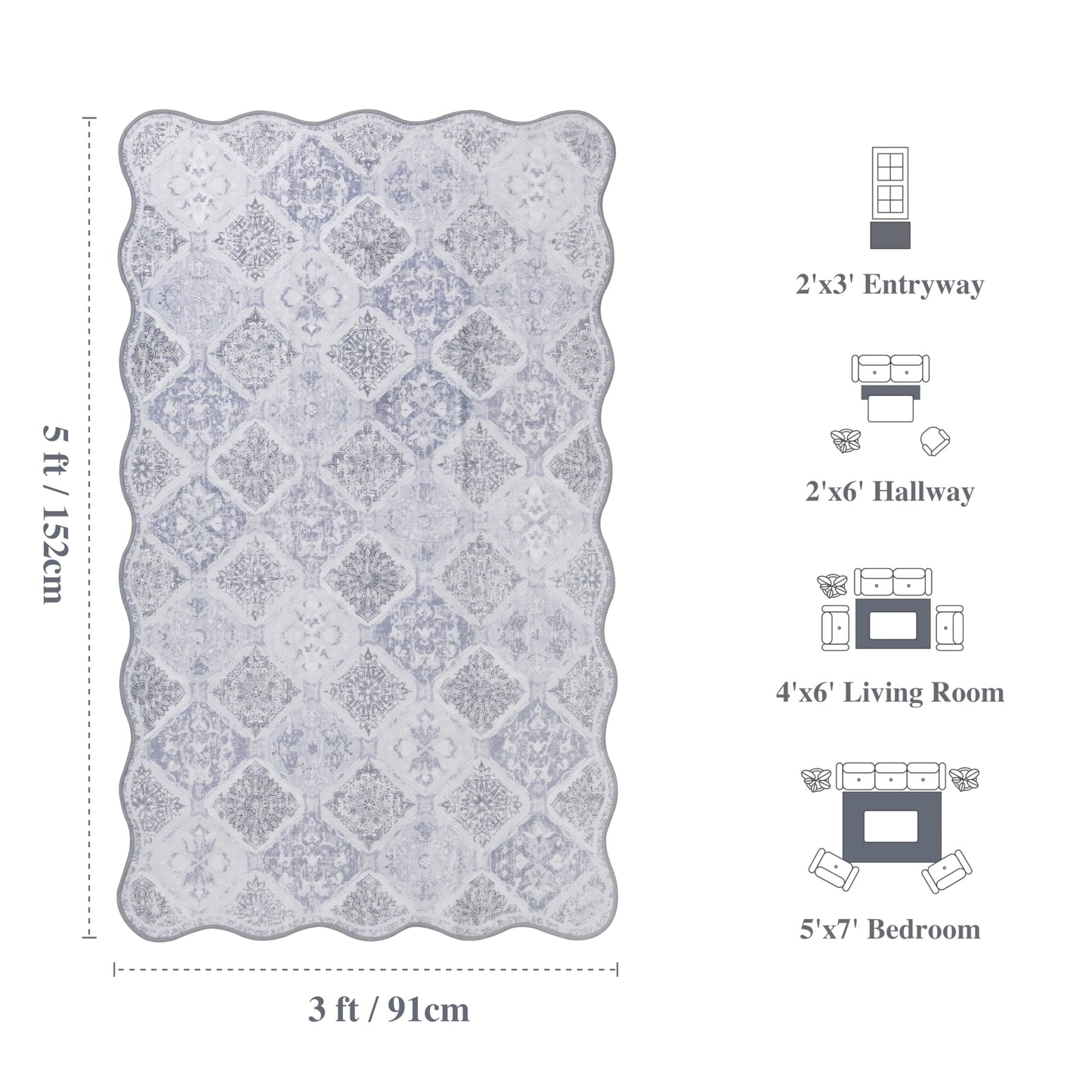 Clemile Moroccan 3x5 Area Rug, Unique Scalloped Ultra-Thin Soft Washable Rug, Non-Slip Stain Resistant Lightweight Low-Pile Carpet for Living Room Bedroom Dining Room Office (Light Grey)