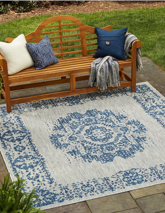 Unique Loom Outdoor Traditional Collection Area Rug - Timeworn (10' Square Blue/Gray)
