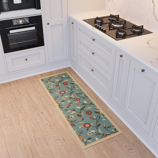 Ottomanson Hallway Runner Rug 20" x 59" Non Slip Floral Area Rugs Easy to Clean Laundry Rug Runner Durable Floor Carpet Runners for Hallways Entryway Living Room Kitchen Bathroom, Seafoam Green