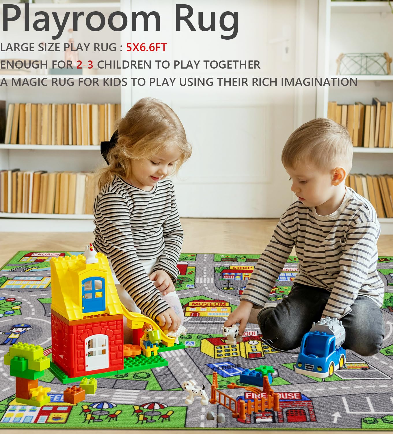 Kids Rug 6'6" x 5'0" City Life Playmat Area Rug Car City Map Washable Traffic Road Educational Learning Nursery Rug Carpet for Children Playroom Living Room Bedroom Classroom Decor Green