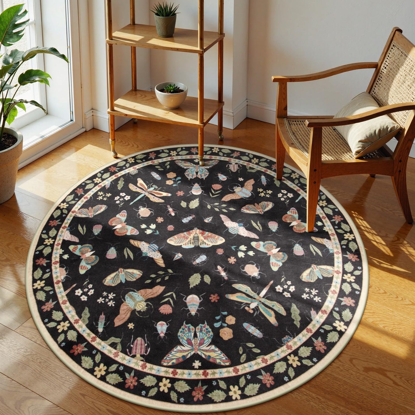 Lahome Insect Washable Round Rugs, Non-Slip Soft Round Rug 4ft Ultra-Thin, Small Boho Circle Carpet for Entryway Kitchen Bedroom Nursery Bathroom Vionnet, Black