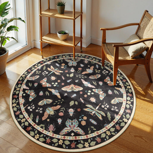 Lahome Insect Washable Round Rugs, Non-Slip Soft Round Rug 4ft Ultra-Thin, Small Boho Circle Carpet for Entryway Kitchen Bedroom Nursery Bathroom Vionnet, Black