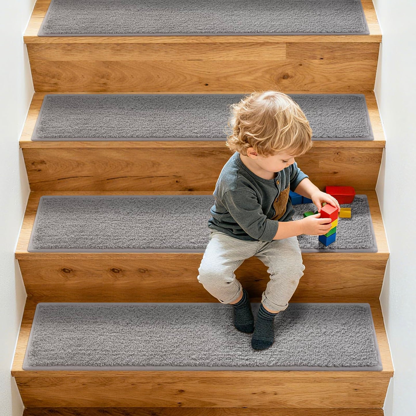 SHIEN Non-Slip Stair Treads for Wooden Steps, 8x30 Inch Extra Thick Stair Mats (13mm), Precisely Sewn Edges & No Trimming Needed, Heavy-Duty Polyester Indoor Carpet Pads (Grey, 12pc)