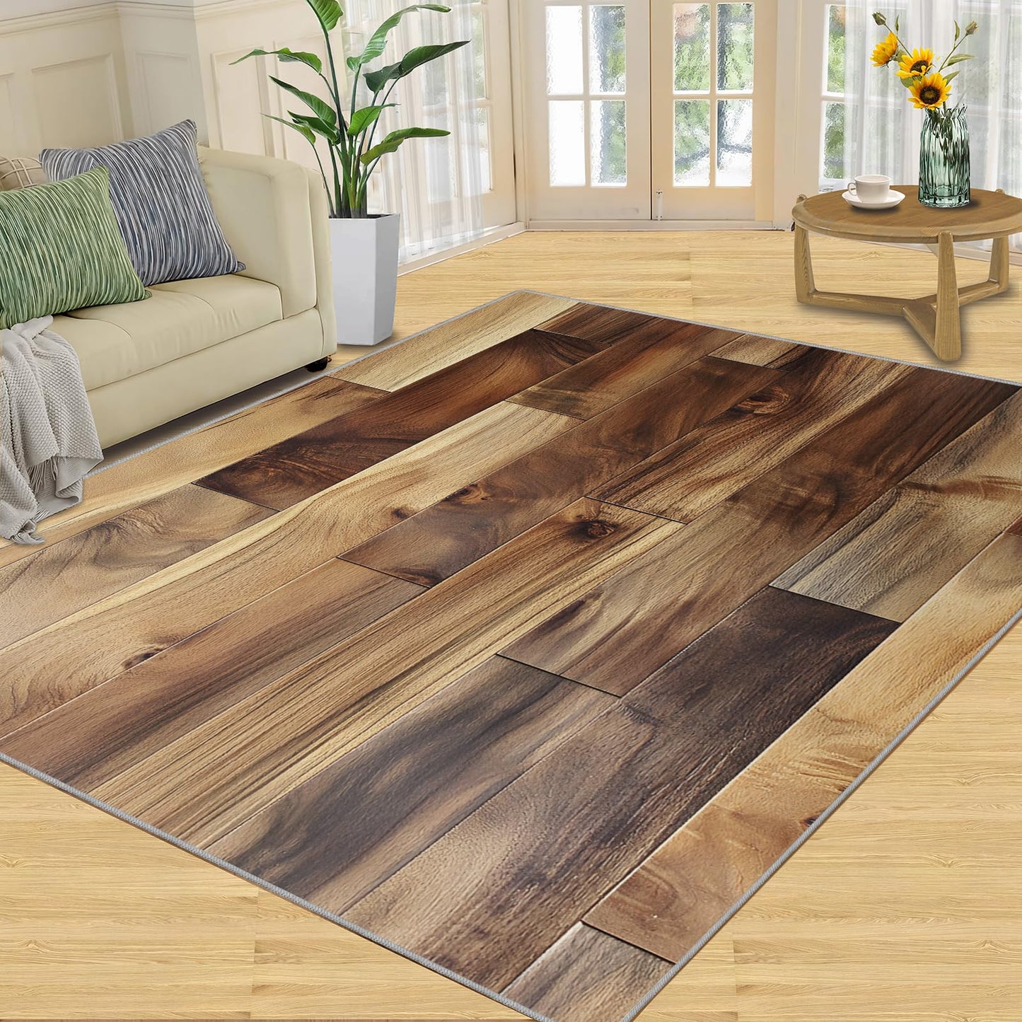 KOMEJIE Wood Plank Print Rug - Natural Grain Rugs for Bedroom, Rustic Wood Area Rug, Rugs for Living Room, Non Slip & Low-Pile, Washable Indoor Earth Tone Design Carpet & Home Decor